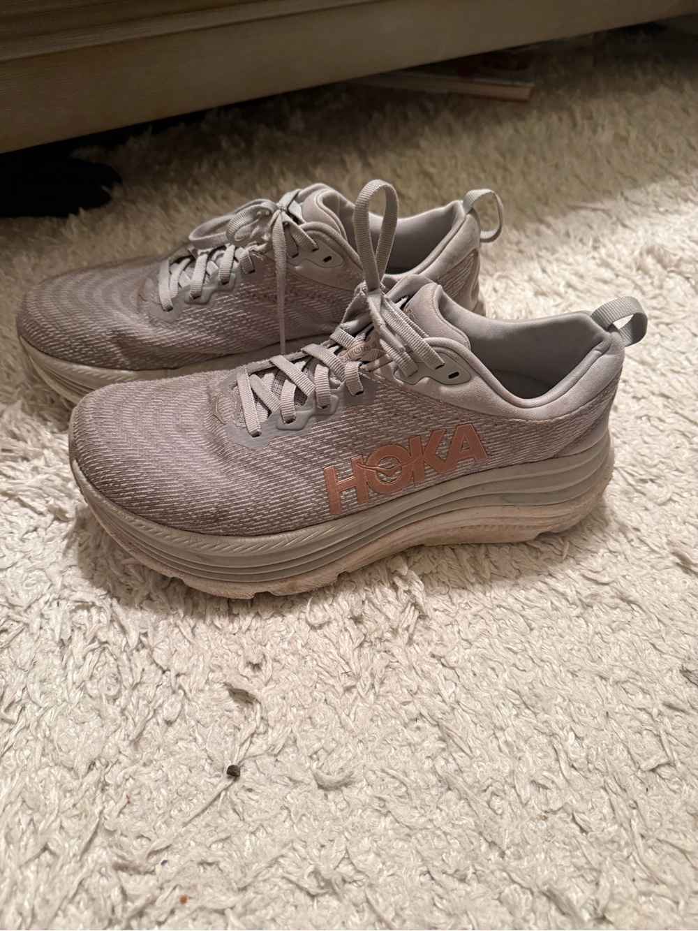 Hoka Womens Light Gray Sneakers with Blush Logo